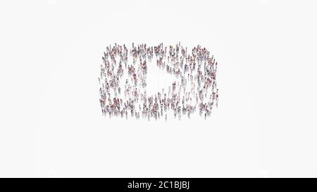 rendu 3d de la foule de différentes personnes en forme de symbole du logo du joueur de musique youtube en ligne sur fond blanc isolé Banque D'Images