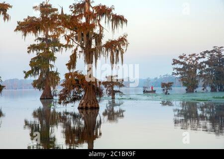 Etats-Unis, Louisiane, Jefferson Parish, Lafayette, lac Martin, matin avec bateau de pêche Banque D'Images