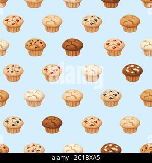 Motif vectoriel sans couture avec muffins sur fond bleu. Illustration de Vecteur