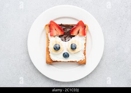 Un petit déjeuner drôle de pain grillé pour les enfants en forme de chat mignon. Sandwich art pour les animaux pour les enfants. Isolé Banque D'Images