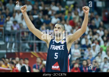 Nicolas Batum (France) célèbre la victoire sur les Etats Unis. Coupe du Monde de Basket-ball de la FIBA, Chine 2019, 1/4 de finale Banque D'Images