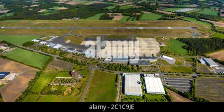 Photographie aérienne, aéroport Münster Osnabrück, Airportallee, Greven, quartier Steinfurt, Münsterland, Rhénanie-du-Nord-Westphalie, Allemagne, construction du terminal Banque D'Images