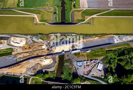 Photographie aérienne, renouvellement du passage de canal, Dortmund-EMS-Canal croisant l'EMS, rivière EMS, Greven, quartier de Steinfurt, Münsterland, Nord Banque D'Images