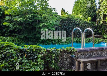 Piscine extérieure en plein air, dans le sol, dans l'arrière-cour avec bain à remous et de nombreuses plantes vertes Banque D'Images