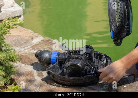 Réparation de la pompe à eau pour un petit étang décoratif avec une fontaine Banque D'Images