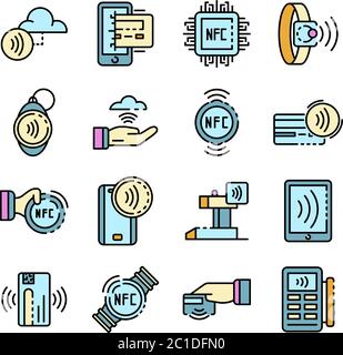 Les icônes de la technologie NFC définissent le vecteur de couleur de ligne Illustration de Vecteur