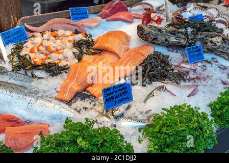 Filet de saumon et autres poissons et fruits de mer à vendre dans un marché à Londres, Royaume-Uni Banque D'Images