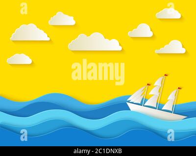 Jour d'été ensoleillé. Fond marin en papier. Un navire de papier sur les vagues. Illustrations vectorielles. Illustration de Vecteur