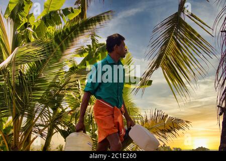 Allepey, Kerala / Inde - 11 mars 2014: Un fermier qui rentre à la maison après avoir terminé la corvée quotidienne de remplissage d'eau Banque D'Images