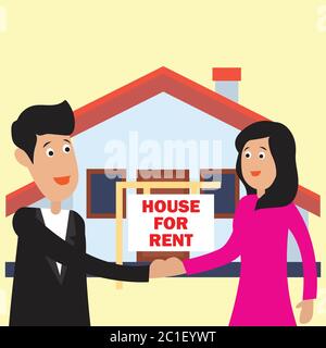 homme d'affaires et femme d'affaires devant la maison pour la vente de la bannière de planche et vendu pour le concept immobilier. illustration vectorielle Illustration de Vecteur