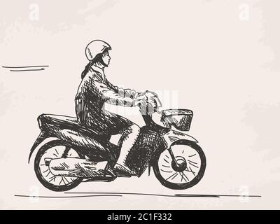 Dessin d'une femme en moto dessin à la main illustration vectorielle Illustration de Vecteur