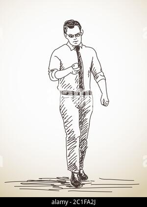 Croquis de l'homme marchant avec un smartphone, illustration dessinée à la main Illustration de Vecteur