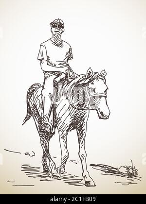 Dessin d'un homme à cheval dessin à la main illustration vectorielle Illustration de Vecteur