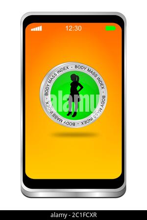 Smartphone avec IMC vert - bouton d'indice de masse corporelle sur le bureau orange - illustration 3D Banque D'Images