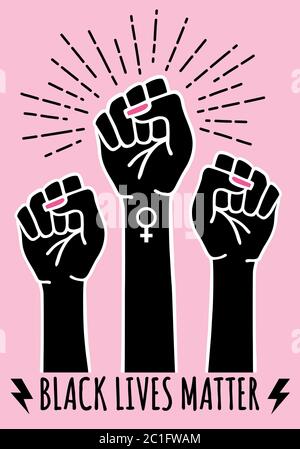 Les vies noires comptent, la poing, les mains féminines protestent contre le racisme, illustration vectorielle Illustration de Vecteur