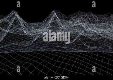 Paysage polygonal filaire. Montagnes avec lignes et points connectés Banque D'Images