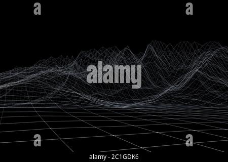 Paysage polygonal filaire. Montagnes avec lignes et points connectés Banque D'Images