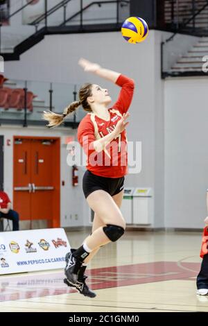 Femme de volley-ball joueur Laval Rouge et or - service Banque D'Images