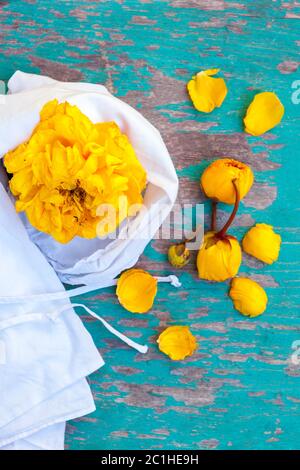 Coton jaune soie fleurs avec tissu . Banque D'Images