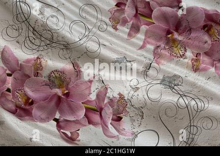 papier peint 3d, bouquet d'orchidées sur fond de soie et de mur en béton Banque D'Images