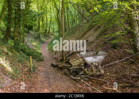 Sentier menant aux fosses de craie de Buriton dans le parc national de South Downs avec une ancienne calèche abandonnée en premier plan, Angleterre, Royaume-Uni Banque D'Images