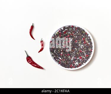 Tuyau rouge gousses de piment rouge avec mélange de différentes sortes de poivre sur une plaque blanche sur fond blanc. Banque D'Images