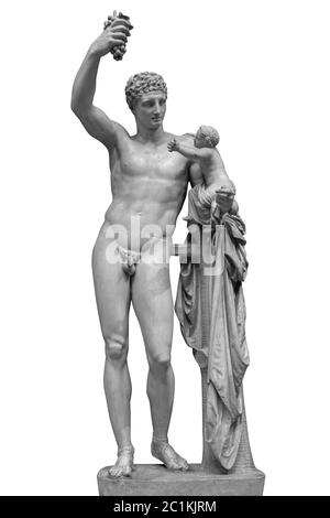 Statue de Dionysos ou de Bacchus avec bouquet de raisins isolés sur blanc Banque D'Images