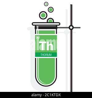 Symbole de thorium sur l'étiquette dans un tube à essai vert avec support. Élément numéro 90 du tableau périodique des éléments - Chimie Illustration de Vecteur