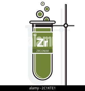 Symbole zirconium sur l'étiquette dans un tube à essai vert avec support. Élément numéro 40 du tableau périodique des éléments - Chimie Illustration de Vecteur