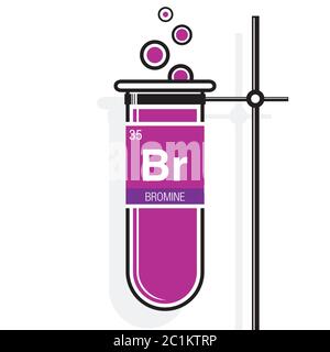 Symbole brome sur l'étiquette d'un tube à essai magenta avec support. Élément numéro 35 du tableau périodique des éléments - Chimie Illustration de Vecteur