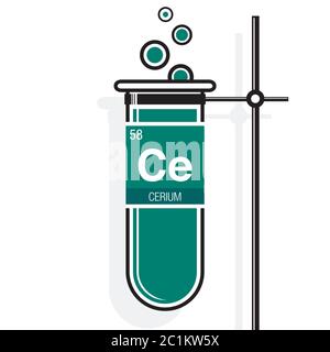 Symbole de cérium sur l'étiquette dans un tube à essai vert avec support. Élément numéro 58 du tableau périodique des éléments - Chimie Illustration de Vecteur