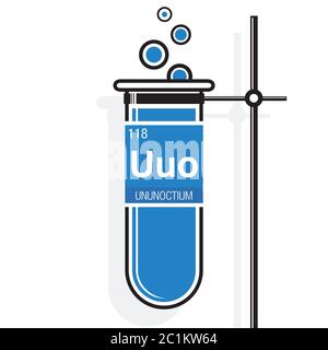 Symbole Ununoctium sur l'étiquette d'un tube à essai bleu avec support. Élément numéro 118 du tableau périodique des éléments - Chimie Illustration de Vecteur