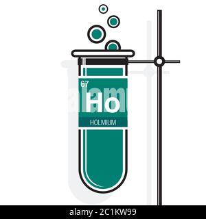 Symbole holmium sur l'étiquette dans un tube à essai vert avec support. Élément numéro 67 du tableau périodique des éléments - Chimie Illustration de Vecteur