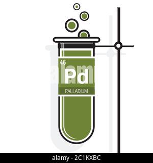 Symbole de palladium sur l'étiquette dans un tube à essai vert avec support. Élément numéro 46 du tableau périodique des éléments - Chimie Illustration de Vecteur