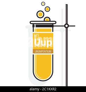 Symbole Ununpentium sur l'étiquette d'un tube à essai jaune avec support. Élément numéro 115 du tableau périodique des éléments - Chimie Illustration de Vecteur