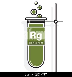 Symbole de Roentgenium sur l'étiquette dans un tube à essai vert avec support. Élément numéro 111 du tableau périodique des éléments - Chimie Illustration de Vecteur