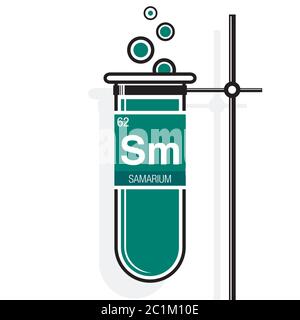 Symbole de samarium sur l'étiquette d'un tube à essai vert avec support. Élément numéro 62 du tableau périodique des éléments - Chimie Illustration de Vecteur