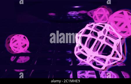 Sphères lumineuses abstraites sur de nombreux petits miroirs en 3d Banque D'Images