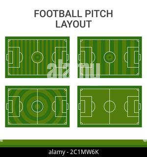 Illustration d'un terrain de football avec une variété de motifs d'herbe. Un terrain de football avec une zone de pénalité, une ligne centrale et un point de coup de pied d'angle. Illustration de Vecteur