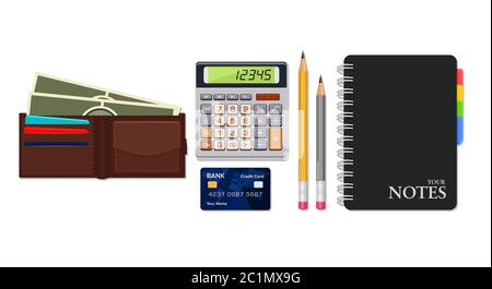 Illustration vectorielle d'une calculatrice, d'un portefeuille, d'une carte de crédit et d'un ordinateur portable. Convient pour les éléments de conception de la loi comptable financière, bancaire et économique Illustration de Vecteur