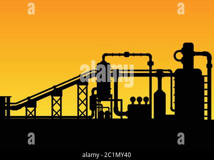 Silhouette d'un bâtiment d'usine de fabrication avec tours, tubes et tuyaux de production pour l'industrie chimique Illustration de Vecteur