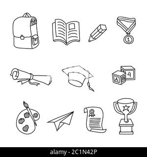 Icônes de dessin à la main définies dans l'éducation, telles que les sacs d'école, les livres, les crayons et les trophées de récompense. Matériel scolaire et d'éducation pour les étudiants. Illustration de Vecteur
