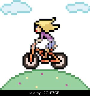 vector pixel art femme à vélo bande dessinée isolée Illustration de Vecteur