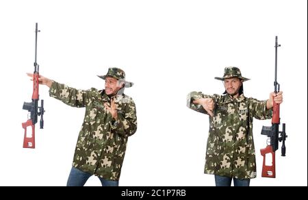 Soldat avec des armes isolated on white Banque D'Images