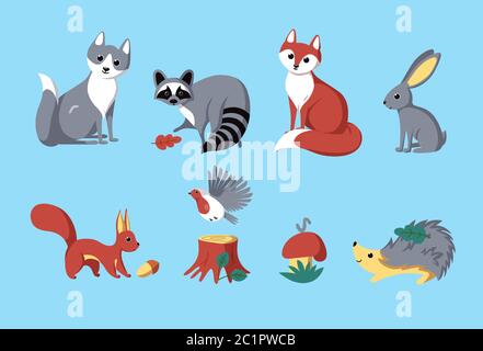 Ensemble d'animaux forestiers. Loup, renard, lapin et autres créatures des bois. Illustration vectorielle en style dessin animé Illustration de Vecteur