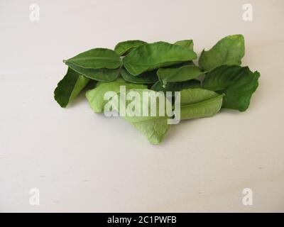 Feuilles de chaux de kaffir séchées sur une planche en bois Banque D'Images