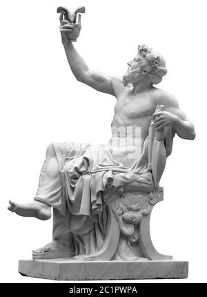 Statue de Dionysos ou de Bacchus avec bouquet de raisins isolés sur blanc Banque D'Images