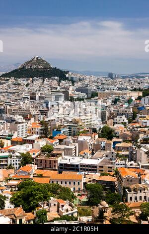 Paysage urbain et colline Lycabette, de l'Acropole d'Athènes, Athènes, Grèce, Europe Banque D'Images