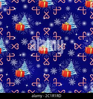 Noël, motif sans coutures pour le nouvel an. Sapin de Noël, cadeaux, bonbons et flocons de neige sur fond bleu foncé. Illustration de Vecteur