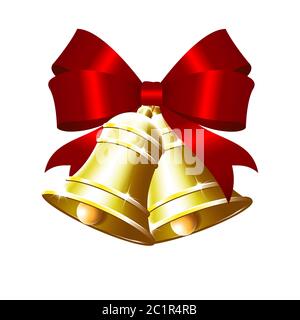 Cloches dorées avec noeud rouge isolées sur fond blanc. Illustration de Vecteur